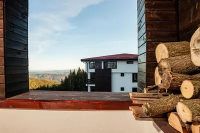 a view from the balcony of a house with logs at GREEN STAR Grand Resort Pamporovo in Pamporovo