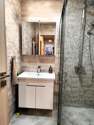a bathroom with a sink and a shower at Prima apartment in Sofia