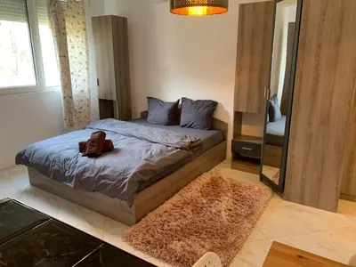 a bedroom with a bed with a mirror and a rug at Urban Nest Lulin in Sofia
