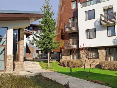 a tree in the courtyard of a building at Rila Mountain Design Studio, Borovets, Shiroka poliana 216 in Borovets
