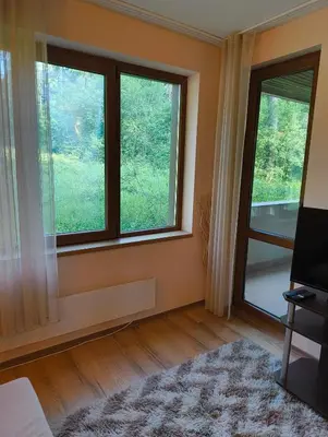 a living room with two windows and a rug at Evrika home 4 in Pamporovo