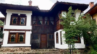 a house with a wooden door and a tree at Туристическа спалня Богдан in Koprivshtitsa