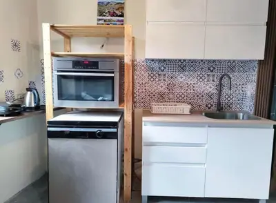 a small kitchen with a stove and a sink at Graf's Prestige Duplex in Sofia
