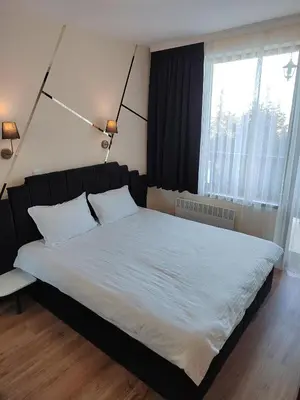 a bedroom with a large bed with two white pillows at Mountain Ski & SPA apartment in Pamporovo
