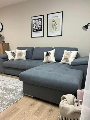 a blue couch in a living room at Millennium apartment in Bansko