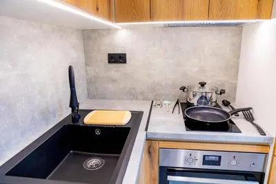 a small kitchen with a stove and a sink at Apartments Polejanov in Razlog