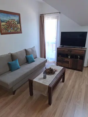 a living room with a couch and a flat screen tv at Rila Park by the Slopes in Borovets