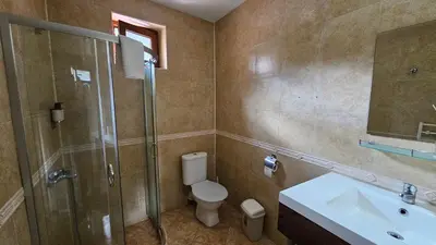 a bathroom with a shower and a toilet and a sink at Hotel Izvorat Arda - Хотел Изворът Арда in Arda