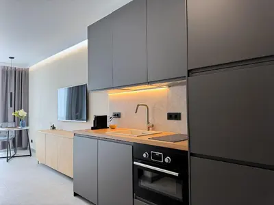 a kitchen with a sink and a stove top oven at Eleve Residences Sofia in Sofia
