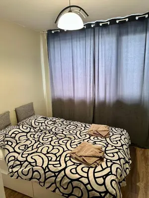 a bedroom with a bed with a black and white blanket at Maria Luiza 1 Bedroom Apartment in Sofia