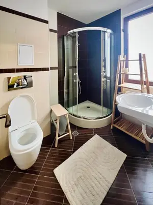 a bathroom with a shower and a toilet and a tub at Lagom Apartment - Next to the Gondola in Bansko