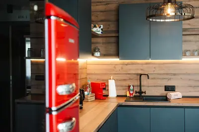 a kitchen with a red fire hydrant on a counter at Уютно Студио Verde Suites 33 in Blagoevgrad