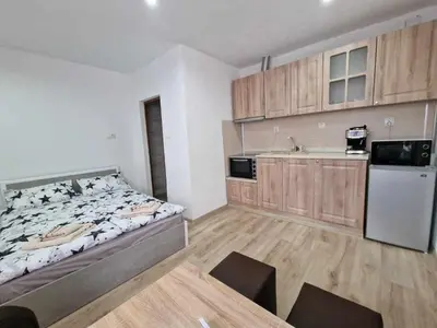 a large room with a bed and a kitchen at Апартаменти село Баня in Banya