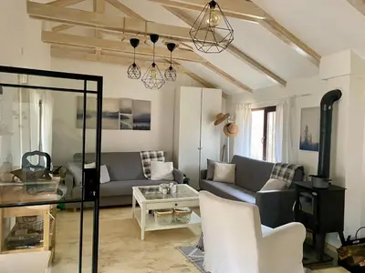 a living room with a couch and a table at VILLA INBAR - Village house on the river in Boykovets