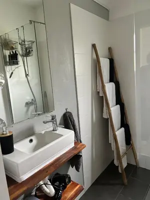 a bathroom with a sink and a mirror at VILLA INBAR - Village house on the river in Boykovets