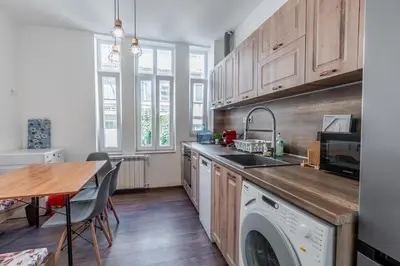 a kitchen with a sink and a washing machine at Vitoshka Inn in Sofia