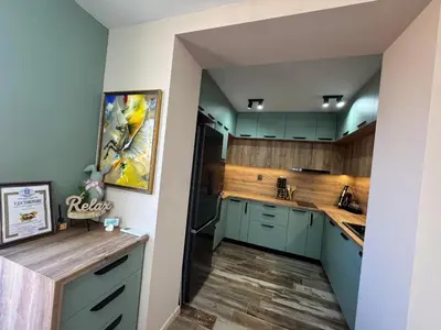 a kitchen with green cabinets and a refrigerator at Kamberovi house Kalofer Къща Камберови Калофер in Kalofer