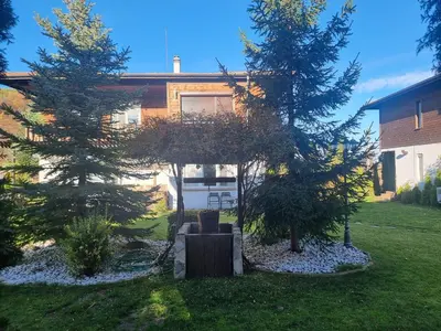a house with two pine trees in the yard at Vila Nikol Apt #3 in Raduil