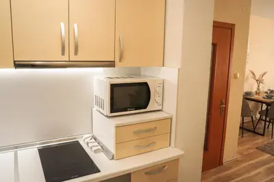 a microwave sitting on top of a counter in a kitchen at Azuri in Sandanski