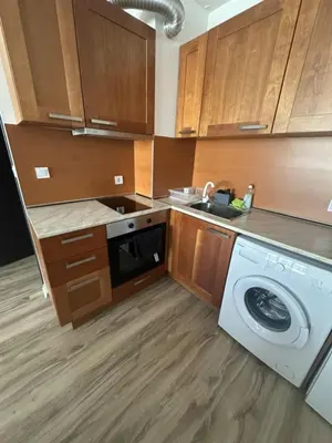 a kitchen with a washing machine and a sink at Luxury Cult & private parking in Sofia