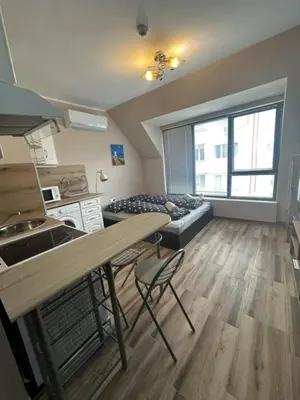 a kitchen and living room with a table and a couch at Mirror Residenced & private parking in Sofia