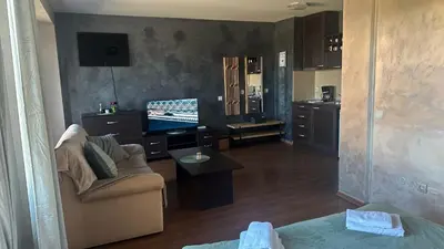 a living room with a couch and a tv at Eleonor Mountain Studio in Bansko