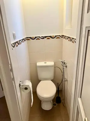 a small bathroom with a toilet and a toilet paper roll at Superb 2 Bedroom Top Central Apartment in Sofia