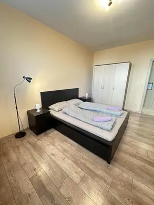 a bedroom with a bed and a lamp in it at Paradise Comfort in Sofia