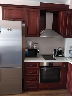 a kitchen with a refrigerator and a microwave at Vitosha Apartment in Sofia