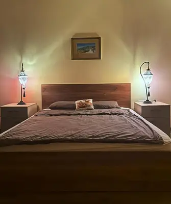 a bedroom with two lamps and a large bed at Zlati`s house 2 in Sofia