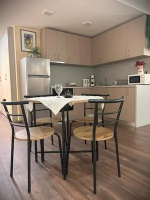 a kitchen with a table and chairs and a refrigerator at Zlati`s house 2 in Sofia
