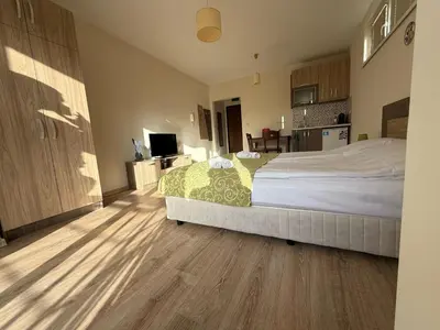 a bedroom with a large bed and a kitchen at Green View Studios in Sandanski