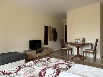 a bedroom with a bed and a table with a television at Green View Studios in Sandanski