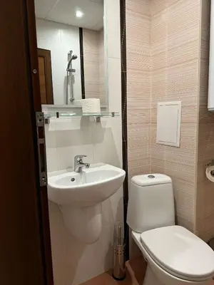 a white bathroom with a toilet and a sink at Green View Studios in Sandanski