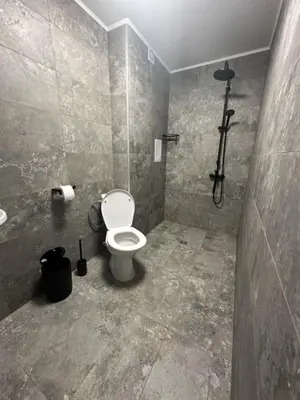 a bathroom with a toilet and a shower stall at The View Residences & private parking in Sofia