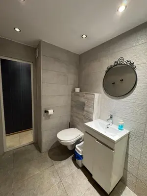 a bathroom with a toilet and a sink and a mirror at Cozy Corner in Nadezhda in Sofia