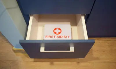 a first aid kit sitting on top of a floor at Studio 42 Plovdiv in Plovdiv