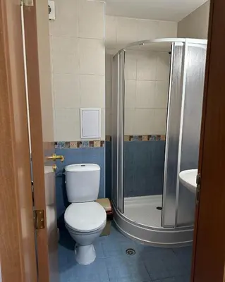 a bathroom with a shower and a toilet and a sink at Ski Lift Apartment in Bansko