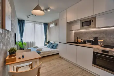 a kitchen and living room with a couch and a table at Toronto Cozy Studio near UNSS and NSA w Fast WiFi in Sofia