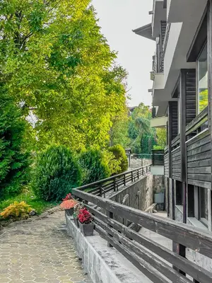a balcony of a house with flowers inpots on it at Tarein Studio in Bansko