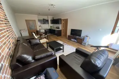 a living room with a couch and a table at Spacious modern 1BR apartment near the gondola in Bansko