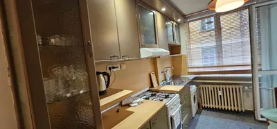 a small kitchen with a stove and a sink at Elegant and cozy apartment in Sofia