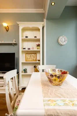 a kitchen with a table with a bowl on it at 1BR Apartment in the Center with Free Street Parking and Designated Workspace in Plovdiv