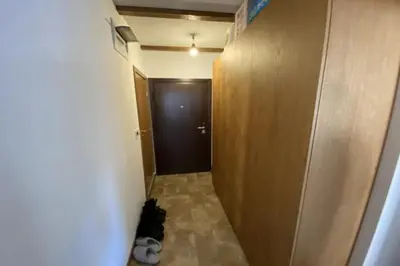 a hallway with a black door and a cat laying on the floor at Lovely 1-bedroom Apartment with Mountain View in Bansko