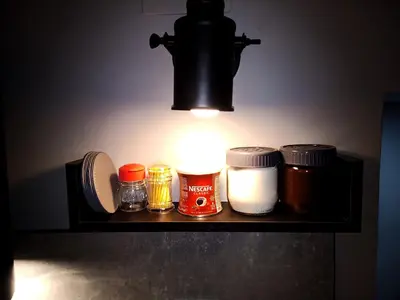 a light on a shelf with spices and jars at Industrial Art Studio - Top Center - plus Free Vouchers & Gift in Sofia