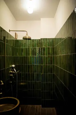 a green tiled bathroom with a sink and a shower at Wonderland Rooms for Rent in Sofia