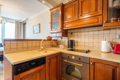 a kitchen with wooden cabinets and a sink and a dishwasher at Elegant Aristocratic 2 BDRM Flat, TOP Location in Sofia