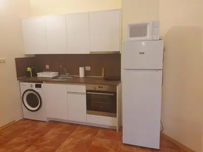 a kitchen with a white refrigerator and a microwave at Apartment Sunny in Pamporovo
