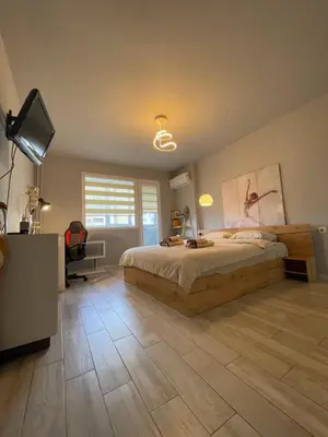 a bedroom with a bed and a desk and a television at Apartamento Estrella in Sofia