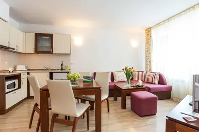 a kitchen and living room with a table and a couch at Fantastic 1-bedroom apartment Stream Resort in Pamporovo